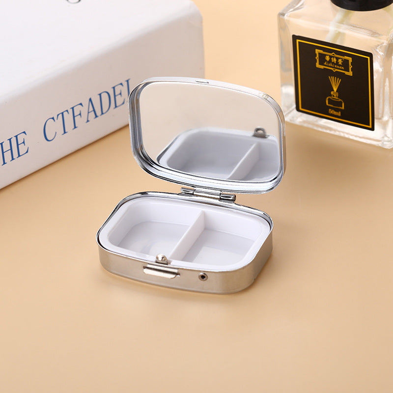Wholesale Metal Diamond-encrusted Two-compartment Medicine Box, Portable with Mirror
